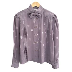 Vintage Chaus Womens Button Up Blouse 6P Mauve Pleated Bow Tie Coquette Career
